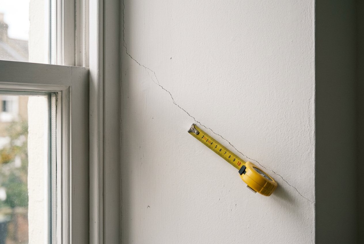 A hairline crack in a white wall with a yellow tape measure beside it