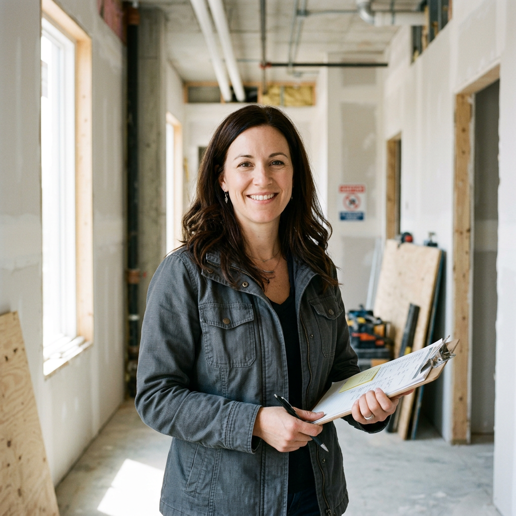 A smiling inspector with a clipboard in an unfinished apartment hallway