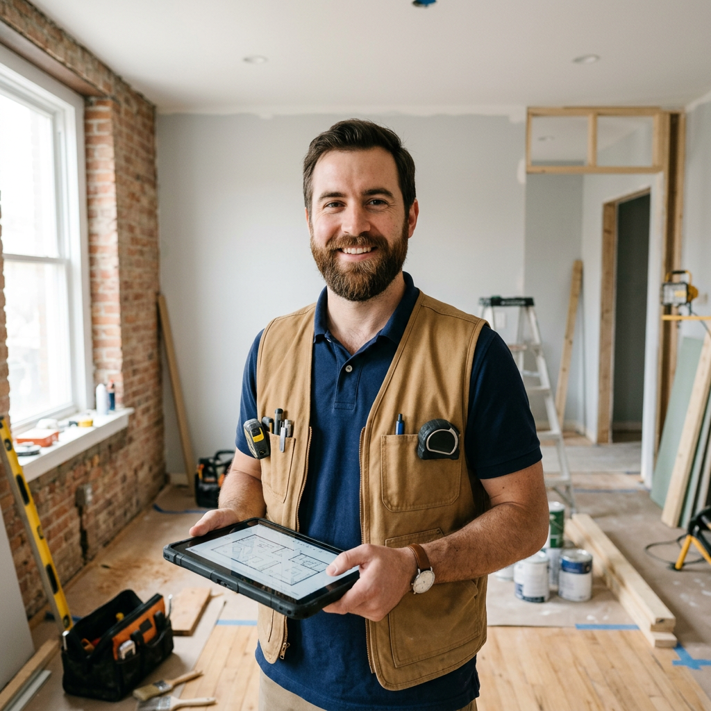 A bearded inspector holding a tablet in an apartment under renovation
