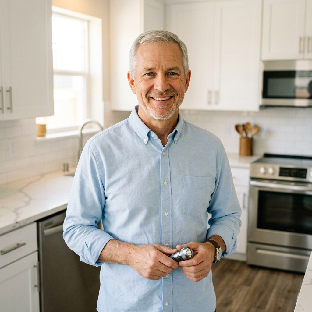 A gray-haired inspector with a small flashlight in a kitchen