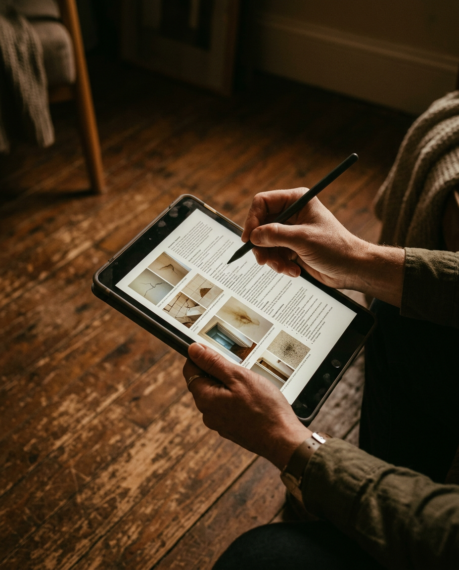 Hands holding a tablet that shows an inspection report page with photographs of wall cracks and tiles